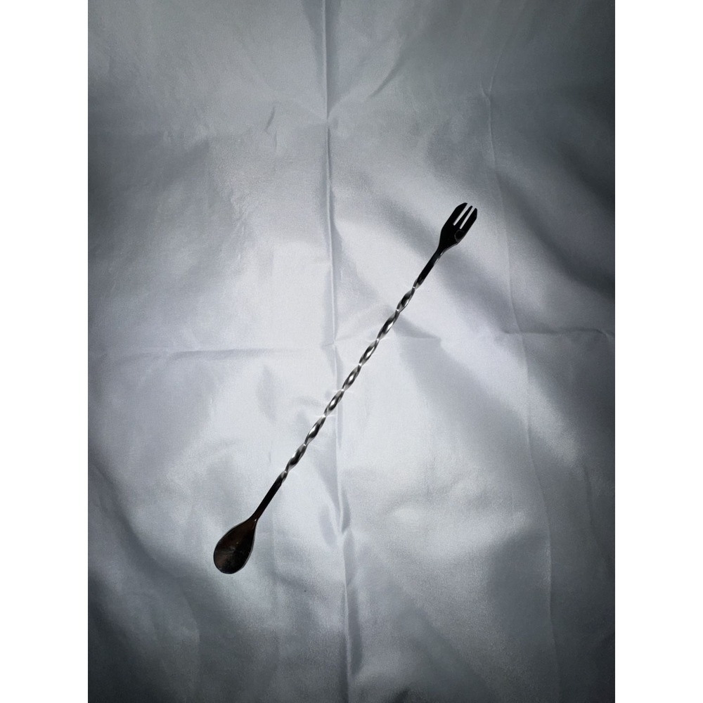 Stainless Steel Twisted Cocktail Mixing Bar Spoon with Garnish Fork Silver Tone